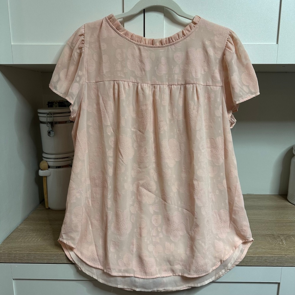 Loft Floral Jacquard Blouse Womens Large Pink Ruffle Neck Keyhole Back Cottage